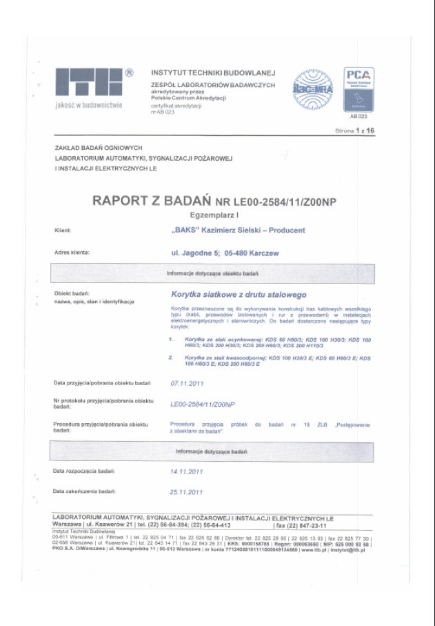 Certificate of Compilance for Electrical Tests
