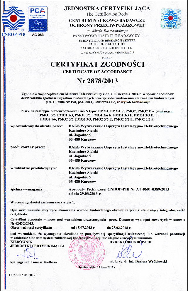 Certificate of Conformity E-90, No. 2878-2013-Boxes E90, issued by CNBOP